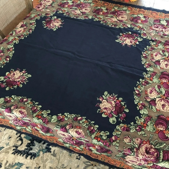 Vintage 80s Navy Oversized Square Floral Fruit Scarf Wrap Tablecloth Decor 50” - Picture 1 of 5